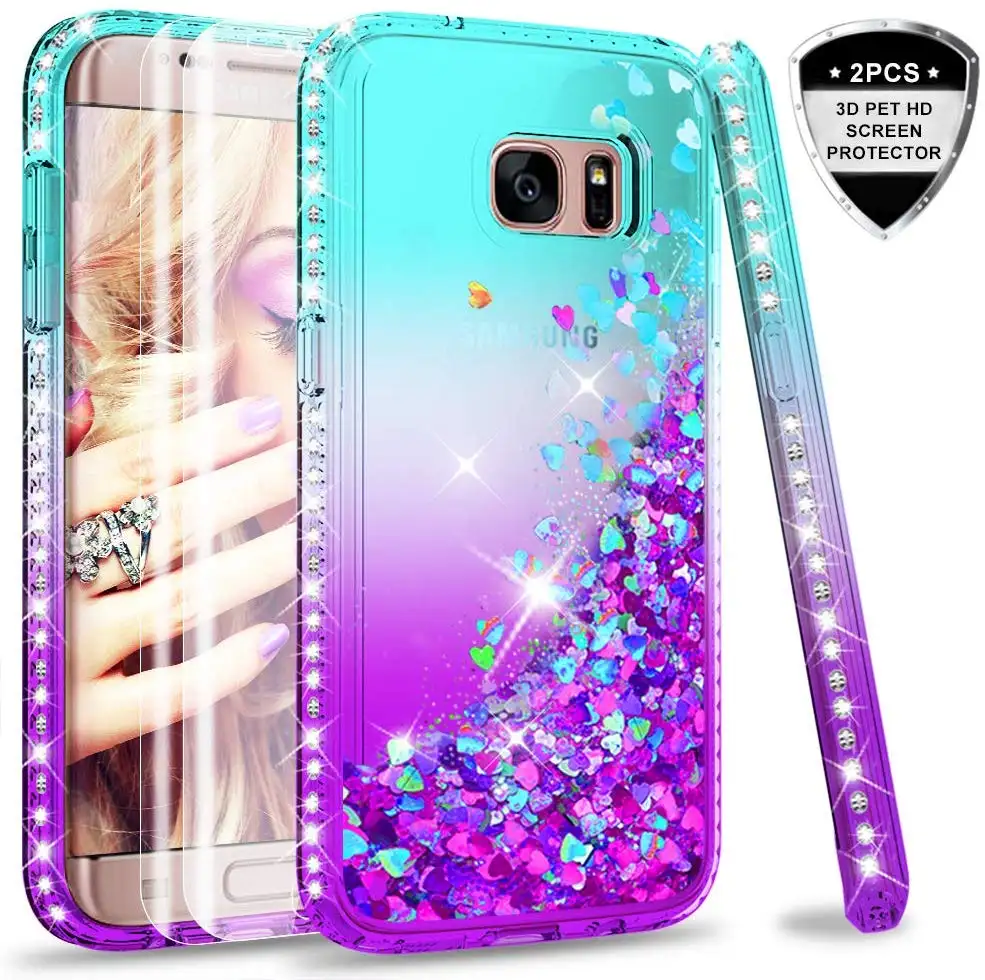 LeYi For Samsung Galaxy S7 Edge Case with 3D HD PET Screen Protector[2 Packs], 3D Glitter Liquid TPU Phone Cover