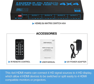 4K <span class=keywords><strong>HDMI</strong></span> 2.0b Matrix Switch 4x4 Switcher Splitter 4 in 4 Out Box avec SPDIF EDID Extractor IR Remote Control Support HDCP 2.2 ARC - Product Image 5