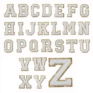 Patches de letras brancos da chenille, 26 peças, para roupas de versão fuzzy ferro original, com vara, adesivo bordado de ouro e glitter