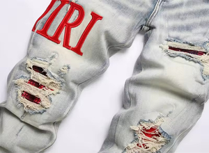 Factory Wholesale Customized Brand Logo High Quality Amiriy Distressed Patch Embroidered Stretch Skinny <b>Jeans</b> for Men - Product Image 2