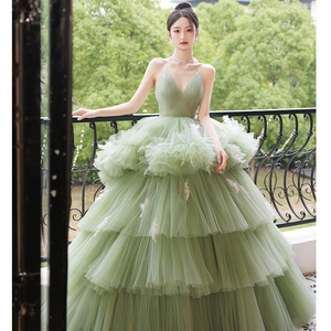 Green Ball Gown For Women Halter Neck Empire Waist Tulle Evening Dress Formal Banquet Wear - Product Image 1
