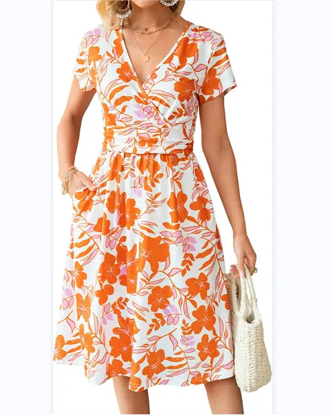 Customized Women's Short-sleeved V-neck Dress Orange Petal Print Design Knee-length Short Dress On-demand Digital Print Dresses