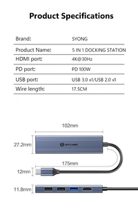 Adaptador USB C Hub SYONG 5 en 1 Multipuerto con HDMI 4K, Entrega de Energía de 100W, 3 Puertos de Datos USB-A, para MacBook Pro/Air, iPad Pro, <span class=keywords><strong>iMac</strong></span> - Product Image 6