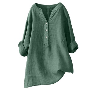 Camicia da donna in lino tinta unita con bottoni, scollo a V, maniche lunghe, casual, con tasche, 21 colori disponibili, taglie dalla S alla XXXXL Plus Size - Product Image 2