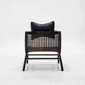 Fauteuil de salon en bois massif de style nordique avec corde en rotin tressée à la main, siège individuel pour parcs et halls extérieurs - Product Image 2