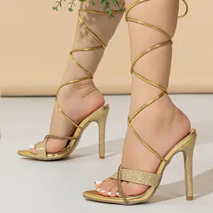 SHIKOL gold รองเท้าแตะผูกเชือกรองเท้าส้นสูงรองเท้าผู้หญิง 2024 แฟชั่นrhinestoneเลื่อมข้ามสายคล้องคอผู้หญิงรองเท้าส้นสูง