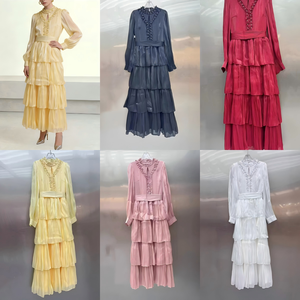 Abito Lungo Estivo di Alta Qualità per Donna, Modesto ed Elegante, con Maniche a Campana, Scollo a V, Dettagli Traforati, Casual, da Festa, con Cintura, ODM OEM - Product Image 5