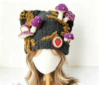 Bonnet en tricot noir personnalisé style Fairycore avec oreilles de chat, champignons et mousse en crochet 3D, design Lee, vente en gros