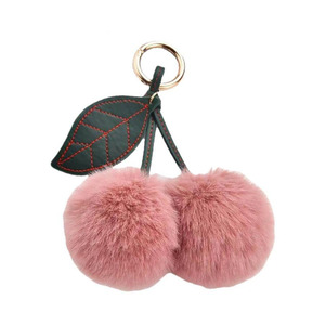 Cute Cherry Fruit Faux Rabbit Fur Soft Light Plush Pom Pom Keychain Creative Bag Charm Wholesale Fluffy Accessories Bulk Order