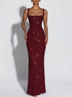 S0730Y Nouvelle Robe de Soirée Rouge à Paillettes, Bretelles Fines, Ajustée, à Nouer sur le Devant, Longueur Ras du Sol 2026