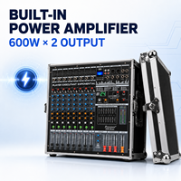 Console de mixage amplifiée 8 canaux EM-8ant 600W x 2 avec amplificateur de puissance, flight case, égaliseur 9 bandes, 24 DSP, USB, Bluetooth, alimentation fantôme 48V pour scène et église