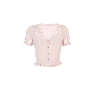 Dalang Sweater Factory Women's Knitted Cardigan Short Sleeve <b>Sweet</b> Style <b>Flower</b> Embellished Slim Fit Breathable Summer Top - Product Image 1