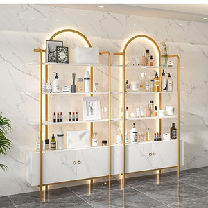 Professional Modern Wood Salon <b>Shoe</b> Rack Storage Display <b>Stand</b> with Light Shiny Gold Finish for Beauty Shop Nail Polish Shelf - Product Image 1