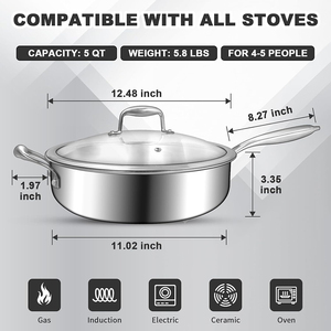 Sartén de Acero Inoxidable Triple con Revestimiento Antiadherente de Alta Calidad, Capacidad de 4-5L, Apta para Gas e Inducción, Estilo Americano - Product Image 2