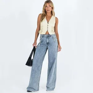 Yeni tasarım rahat tek düğme yüksek bel geniş bacak moda Denim pantolon kadınlar için kot
