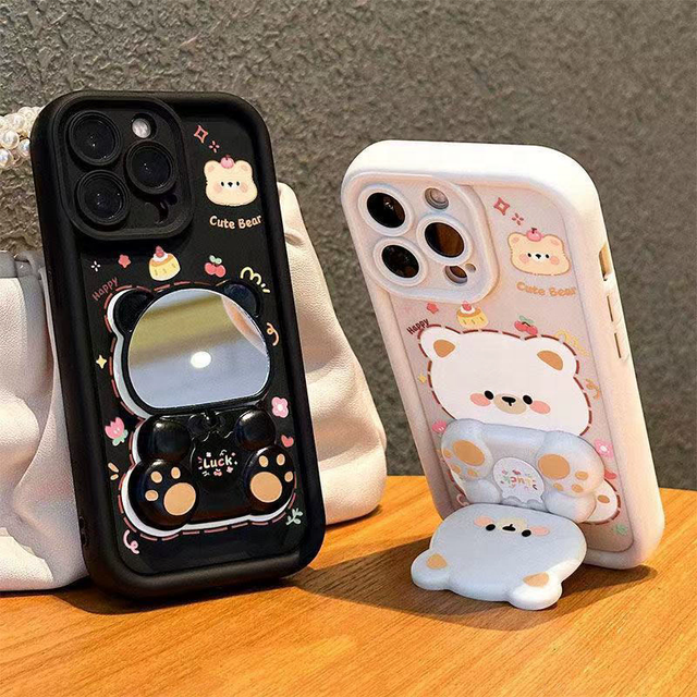 Holder Phone Case Stand for iphone 17 16 15 14Pro Max Silicone Strong Bracket Cover Designer 3D Cartoon Cute Bear Rotating Mirror