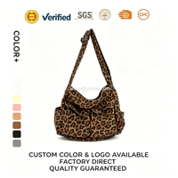 Tas Selempang Kanvas Motif Leopard Vintage Logo Custom Multi Kantong Tas Bahu Wanita Sehari-hari Tas Messenger Hobo Kapasitas Besar