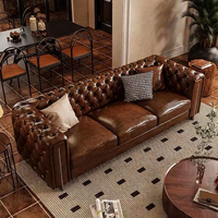 Sofá Combinado de Cuero Genuino de Cuatro Plazas, Estilo Retro Americano, Nueva Combinación de Esponja Encerada al Aceite para Sala de Estar de Villa