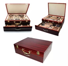 Low moQ 84PCS Reusable tableware set 72PCS stainless steel wooden case gold spoon