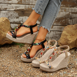 Sandalias de cuña para mujer, estilo bohemio europeo americano, con plataforma y suela gruesa tejida, para verano. - Product Image 4