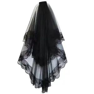 Travel photo Beautiful Bride Double-layer short lace applique veil Black band comb wedding mesh accessories