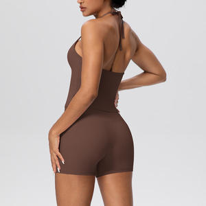 Débardeur de compression pour femme grande taille, couleur unie, col asymétrique, détail à nouer, soutien-gorge rembourré, imperméable, séchage rapide, coupe ajustée - Product Image 2