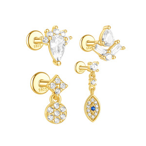 Pendientes de Plata de Ley S925 con Diseño Geométrico de Gota de Agua, Circonita, Pétalos de Flor de Cuatro Hojas, Ojo del Diablo y Borla para Piercing de Cartílago - Product Image 1