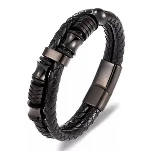 New Products Stainless Steel Clasp Black Leather Double Layer Bracelet For Men