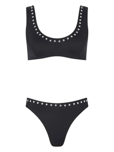 Conjunto de Bikini ecológico acolchado extraíble de 2 piezas de talla grande con cuello redondo y diamantes de imitación plateados metálicos negros para mujer - Product Image 6