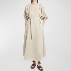 Abito Midi Estivo/Primaverile Casual di Alta Qualità Personalizzato in Tessuto Naturale Misto Cotone e Lino con Collo a O per <span class=keywords><strong>Donne</strong></span> - Product Image 1