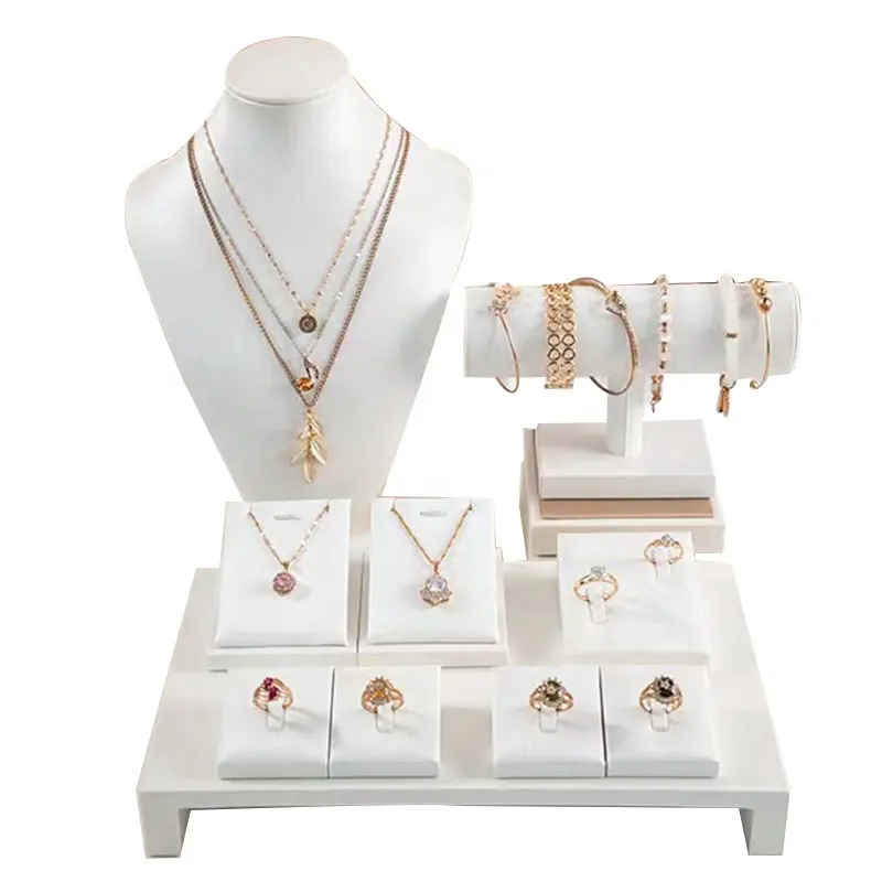 PU Leather White Jewellery Ring Earring Necklace showcase Display Stands Jewelry Display Set for shops