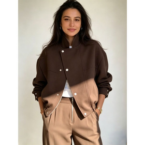 Ensemble de tenue 2 pièces pour femmes, veste bomber boutonnée à col montant et pantalon large à taille haute, ensemble assorti décontracté - Product Image 3