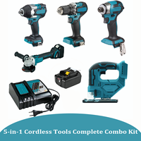 Kit combiné sans fil 5-en-1 18V sans balais : Clé à chocs, Perceuse-visseuse, Meuleuse d'angle, Scie sauteuse, Batterie, Chargeur rapide – Ensemble d'outils électriques OEM