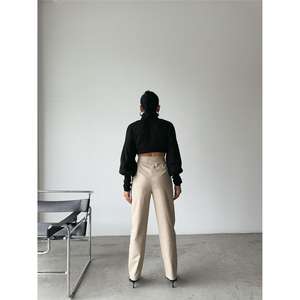 Pantalones de Pierna Ancha de Cuero, Cintura Alta, Color Piedra, Antiarrugas, Tela de PU, Pantalones para Mujer - Product Image 1