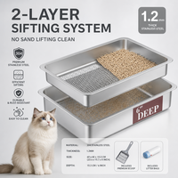 Kotak Pasir Kucing XL Double-Deck 201 Stainless Steel dengan Baki Penyaring, 60x40x15cm Toilet Logam 2-Lapisan Mudah Dibersihkan Tanpa Pasir Terangkat