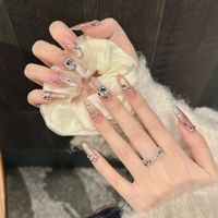 Diseño # 2510 # 2512 Uñas Postizas Francesas Hechas a Mano con Diamantes 3D, Forma Ataúd Larga, Resistentes al Agua, Reutilizables, de Lujo, con Efecto Ojo de Gato