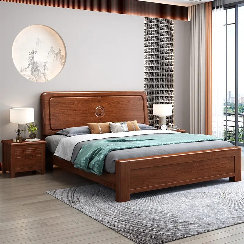 Modern Wooden Beds for Bedroom Furniture Minimalist Design Solid Teak Wood King Size Bed with Rattan Headboard Solid Wood Beds