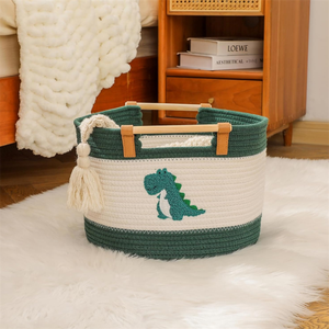 Panier de rangement pour jouets animaux en peluche pour enfants Panier en corde de coton avec poignées en bois - Product Image 2