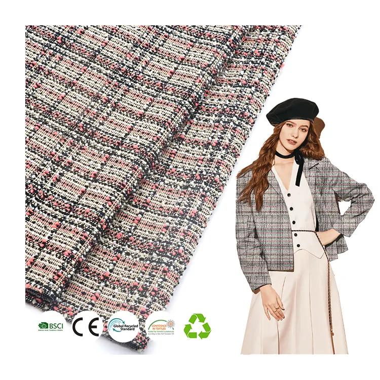 Tissu à carreaux fantaisie personnalisé 300gsm 93% polyester 5% rayonne 2% spandex style chane tissu tricoté en tweed pour vêtement femme