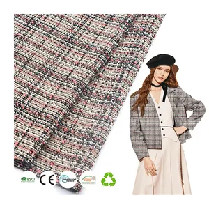Tecido de malha tweed estilo corrente para mulheres, tecido de verificação personalizado 300gsm 93% poliéster 5% rayon 2% elastano
