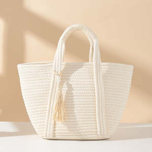 Sac à main décontracté pour femme en corde de coton de grande capacité, respectueux de l'environnement, avec pompon, sac de plage - Product Image 4