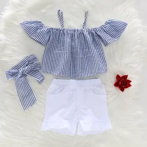 1317 yaz çocuk giyim seti Toddler bebek kız çocuk kapalı omuz kolsuz çizgili üst T-shirt + beyaz şort 2 adet kıyafet seti