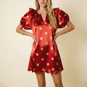 <span class=keywords><strong>Vestido</strong></span> Mini de Fiesta para Mujer, Dorado Metálico con Puntos Rojos, Escote en V Profundo, Volantes y Mangas con Volantes, Estilo Babydoll - Product Image 5