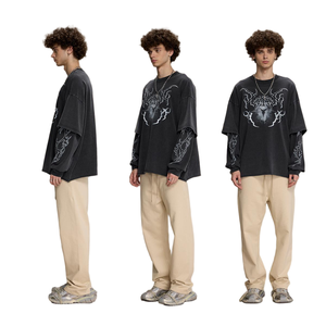 T-shirt à manches longues en deux pièces pour <span class=keywords><strong>homme</strong></span> de <span class=keywords><strong>marque</strong></span> tendance, délavé à l'acide, 100% coton tricoté, <span class=keywords><strong>col</strong></span> rond, coupe ample, anti-boulochage - Product Image 5