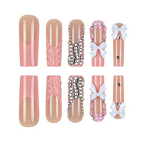 Ongles à presser Coquette, longs, forme cercueil, French manucure, nœud 3D, strass, faits main, vente en gros, logo personnalisé, OEM, directement de l'usine