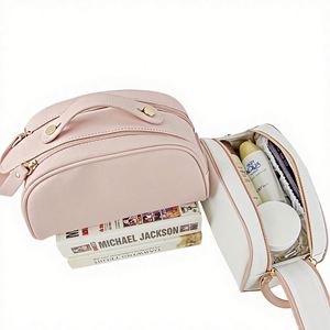 High- PU Double-Zipper <b>Pillow</b> Makeup Bag Portable Waterproof <b>Large</b>-Capacity Handheld Travel Skincare Toiletries Storage - Product Image 1