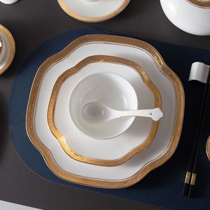 Luxury Nordic Embossed Gold Dinner Set Porcelain Bowl Dishes Plates Coffee Cup Teapot Tableware Sets - Product Image 1
