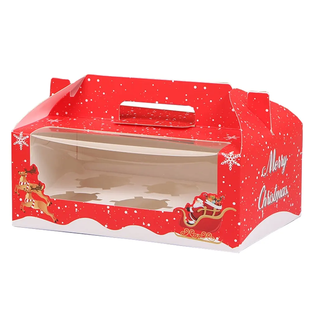 Caixa de papel com tema de Natal personalizada para Papai Noel, neve, imagem querida, Happy Meal, com janela transparente e alça para bolo, ideal para crianças e adultos