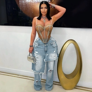 <span class=keywords><strong>Bonne</strong></span> <span class=keywords><strong>qualité</strong></span> Hip Hop déchiré <span class=keywords><strong>jean</strong></span> Stretch coupe droite bleu <span class=keywords><strong>Jean</strong></span> Sexy femmes taille haute élégant Patchwork Denim pantalon droit - Product Image 3