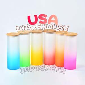 Vaso de cerveza de vidrio esmerilado de 25 oz con degradado de color, en forma de lata, para sublimación, con tapa de bambú y pajita, desde almacén de EE. UU. - Product Image 1